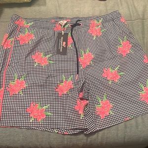 NWT Vineyard Vines 7” Printed Chappy Swimwear Blue Gingham w/Pink Green XL